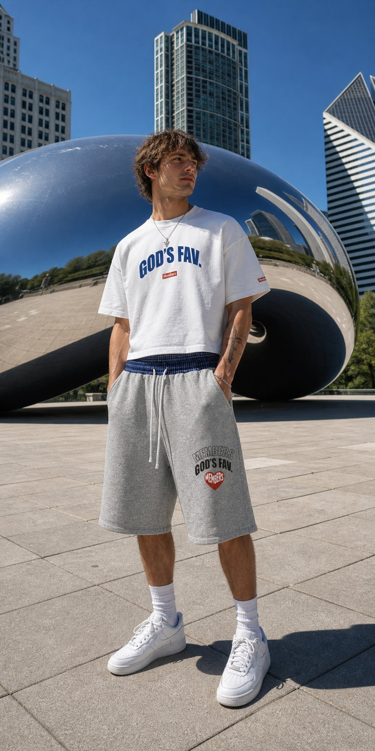 Original Members model wearing the GOD'S FAV tee and plaid waistband shorts in Chicago