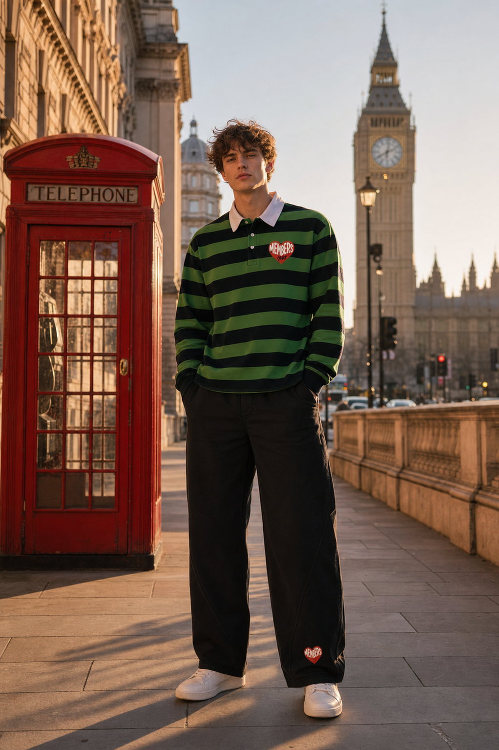 Original Members London campaign with model wearing the OMC Stripe Polo and Barrel Pants