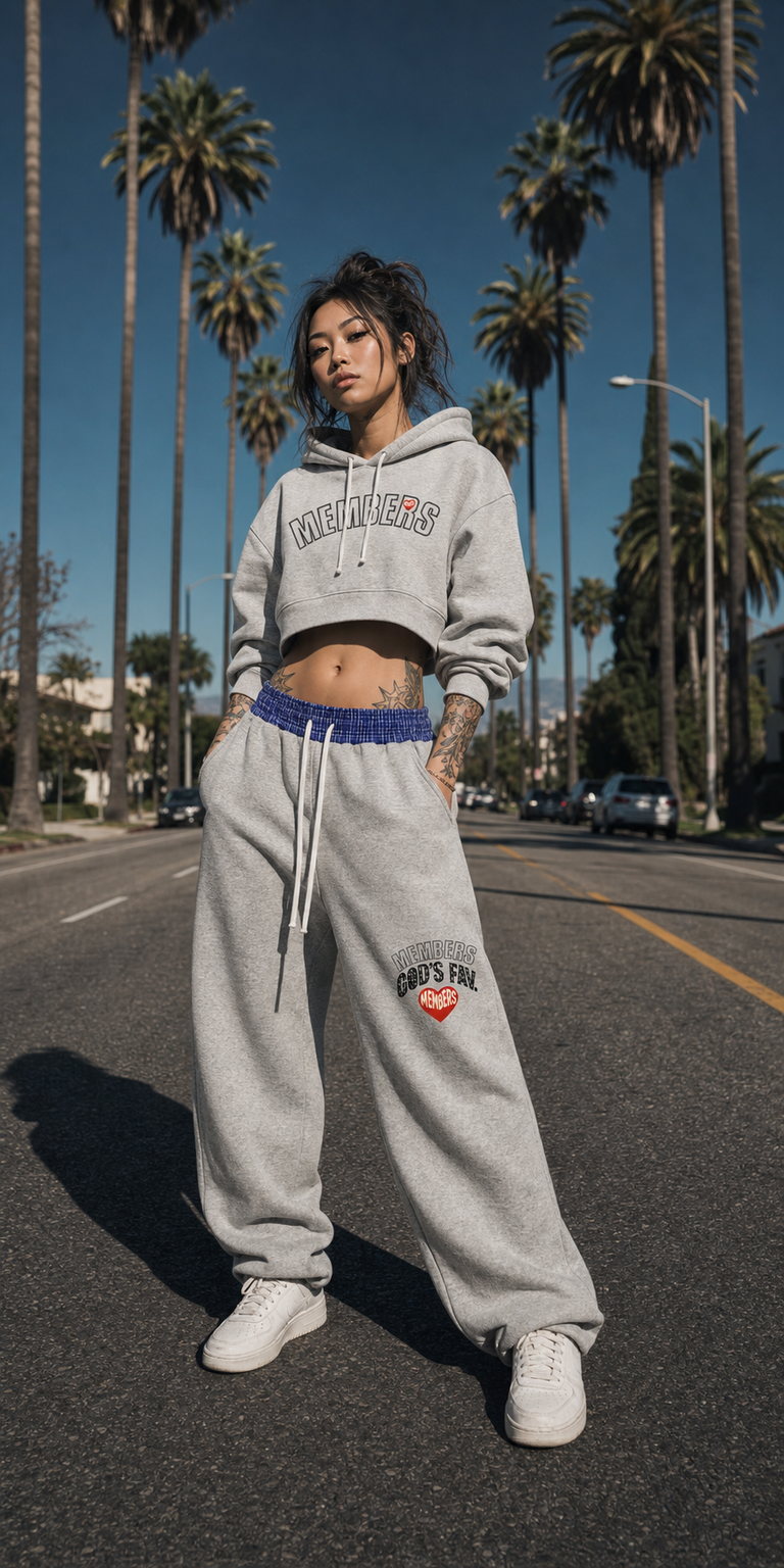 Original Members model wearing the cropped hoodie and grey plaid waistband sweats in Los Angeles