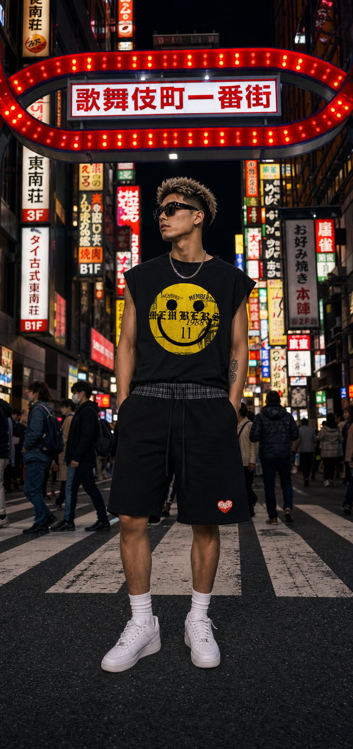 Original Members Tokyo campaign with model wearing the SMILEY CUTOFF TEE and unisex shorts